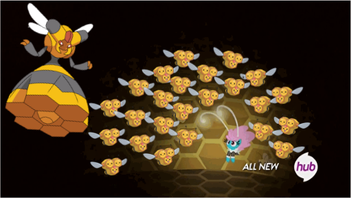 Size: 511x288 | Tagged: bee, beehive, breezie, combee, derpibooru import, edit, edited screencap, honeycomb (structure), hub logo, insect, pokémon, safe, screencap, seabreeze, swarm, vespiquen