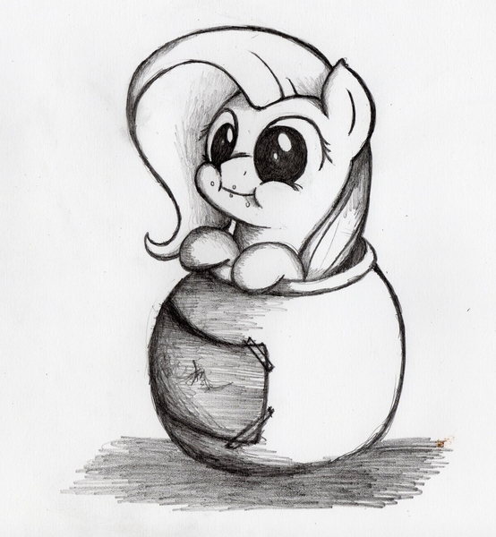 Size: 2414x2615 | Tagged: artist:otto720, aweeg*, cookie jar pony, cute, derpibooru import, eating, fluttershy, :i, jar, monochrome, puffy cheeks, safe, shyabetes, smiling, solo, traditional art