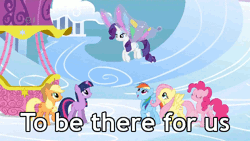 Size: 500x281 | Tagged: animated, applejack, caption, derpibooru import, fluttershy, friends are awesome, gif, gif with captions, glimmer wings, heartwarming, image macro, mane six, meme, pinkie pie, rainbow dash, rarity, safe, screencap, sonic rainboom (episode), text, twilight sparkle, wings