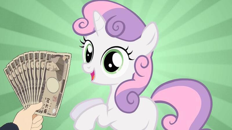 Size: 832x468 | Tagged: derpibooru import, exploitable meme, fistful of yen, meme, money, safe, solo, sweetie belle, what would x do for a fistful of yen?