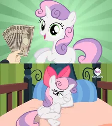 Size: 832x933 | Tagged: apple bloom's bow, bow, derpibooru import, exploitable meme, fistful of yen, hair bow, hub logo, japanese yen, meme, scrunchy face, somepony to watch over me, suggestive, sweetie belle