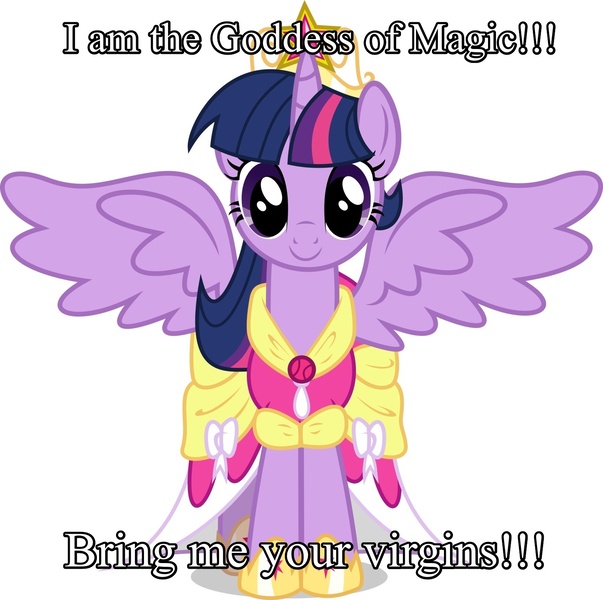 Size: 1600x1592 | Tagged: safe, derpibooru import, edit, twilight sparkle, twilight sparkle (alicorn), alicorn, pony, caption, i am your god now bring me your virgins, image macro, meme, solo, text, text edit