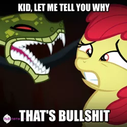 Size: 546x549 | Tagged: safe, derpibooru import, screencap, apple bloom, chimera sisters, chimera, pony, snake, somepony to watch over me, bullshit, caption, female, filly, foal, image macro, let me tell you why that's bullshit, meme, multiple heads, narrowed eyes, open mouth, reaction image, text, the hub, three heads, vulgar
