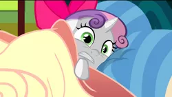 Size: 1920x1080 | Tagged: bed, blanket, derpibooru import, safe, scared, screencap, solo, somepony to watch over me, sweetie belle, sweetie belle's nightmare