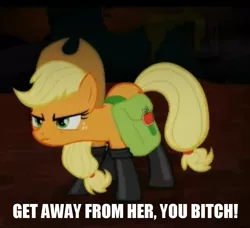 Size: 948x864 | Tagged: alien (franchise), applejack, boots, caption, derpibooru import, fireproof boots, image macro, meme, safe, screencap, shoes, solo, somepony to watch over me, text, vulgar