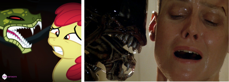 Size: 1537x549 | Tagged: alien, alien 3, alien (franchise), apple bloom, chimera, comparison, derpibooru, derpibooru import, ellen ripley, exploitable meme, hub logo, meme, meta, safe, snake, somepony to watch over me, xenomorph