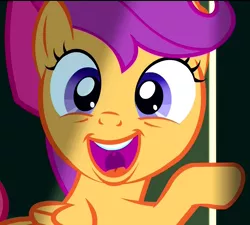 Size: 1200x1080 | Tagged: safe, derpibooru import, screencap, scootaloo, pegasus, pony, somepony to watch over me, adoracreepy, animation error, apple bloom's bow, bow, creepy, cute, cutealoo, female, filly, hair bow, happy, open mouth, raised hoof, solo