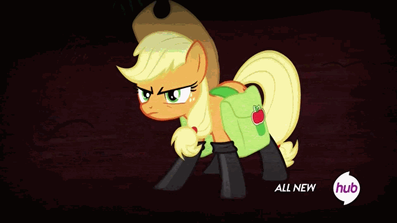 Size: 576x324 | Tagged: all new, animated, applejack, badass, bag, boots, chair, derpibooru import, fireproof boots, hoof hold, hubble, hub logo, lion tamer's chair, saddle bag, safe, screencap, shoes, solo, somepony to watch over me, tactical chair, text, the hub