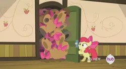 Size: 1264x700 | Tagged: safe, derpibooru import, screencap, apple bloom, earth pony, pony, somepony to watch over me, apple bloom's bow, applejack's hat, bow, closet, cowboy hat, female, filly, foal, hair bow, hat, hat and bow closet, hub logo, solo