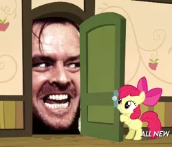 Size: 425x363 | Tagged: apple bloom, apple closet, derpibooru import, door, exploitable meme, here's johnny, jack torrance, meme, safe, somepony to watch over me, the shining