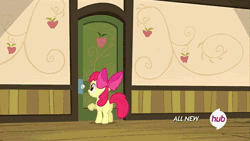Size: 576x324 | Tagged: safe, derpibooru import, screencap, apple bloom, earth pony, pony, somepony to watch over me, animated, apple bloom's bow, applejack's hat, bow, closet, cowboy hat, door, female, filly, foal, hair bow, hat, hat and bow closet, hub logo, hubble, pile, solo, the hub