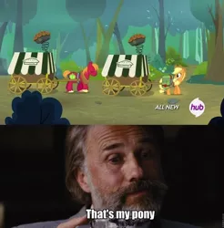 Size: 786x800 | Tagged: safe, derpibooru import, applejack, big macintosh, earth pony, pony, somepony to watch over me, cart, django unchained, dr. king schultz, male, meme, stallion, that's my pony, that's my x