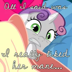 Size: 500x500 | Tagged: caption, derpibooru import, exploitable meme, image macro, i really like her mane, meme, safe, screencap, solo, somepony to watch over me, sweetie belle, sweetie belle's nightmare, text