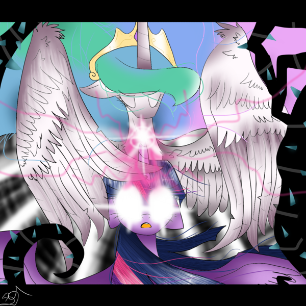 Size: 1500x1500 | Tagged: safe, artist:randomchick144, derpibooru import, princess celestia, twilight sparkle, twilight sparkle (alicorn), alicorn, pony, female, glowing eyes, mare