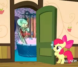 Size: 425x363 | Tagged: apple bloom, apple closet, derpibooru import, door, exploitable meme, have you seen this snail?, meme, safe, somepony to watch over me, spongebob squarepants, squidward tentacles, where's gary, x drops by squidward's house