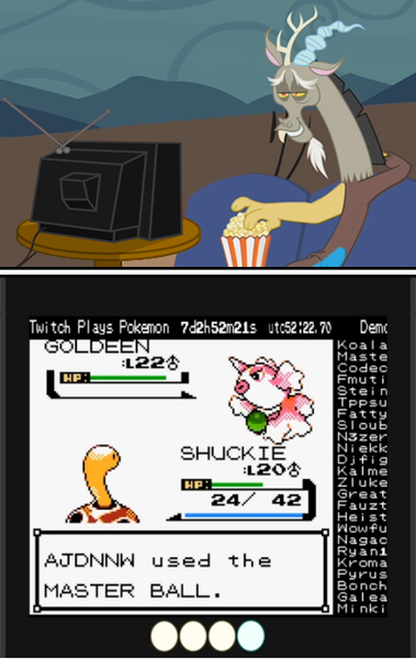 Size: 432x684 | Tagged: derpibooru import, discord, exploitable meme, fail, fish, goldeen, master ball, meme, obligatory pony, pokéball, pokémon, safe, shuckle, tv meme, twitch plays pokémon