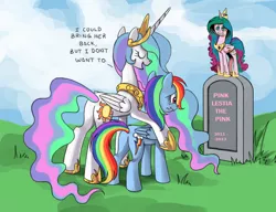 Size: 910x700 | Tagged: safe, derpibooru import, idw, princess celestia, princess luna, rainbow dash, alicorn, pegasus, pony, spoiler:comic, spoiler:comic17, butt, celestia's grave meme, exploitable meme, female, implied death, mare, meme, pinklestia, plot