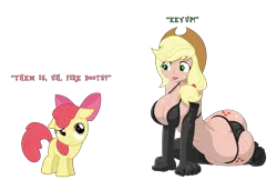 Size: 2560x1750 | Tagged: suggestive, artist:sbbbugsy, derpibooru import, apple bloom, applejack, earth pony, human, pony, somepony to watch over me, applejack's hat, ass, big breasts, both cutie marks, breasts, busty applejack, butt, clothes, cowboy hat, cutie mark, cutie mark on human, evening gloves, eyebrows, eyelashes, female, filly, gloves, green eyes, hat, humanized, latex, latex boots, latex gloves, lipstick, long gloves, makeup, panties, red hair, red lipstick, red mane, simple background, transparent background, underwear