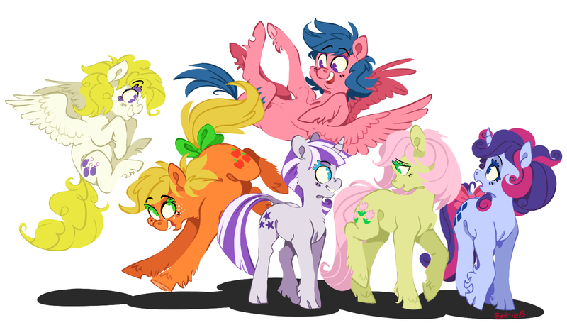 Size: 1528x888 | Tagged: safe, artist:xenon, derpibooru import, applejack, applejack (g1), firefly, fluttershy, pinkie pie, posey, rainbow dash, rarity, sparkler (g1), surprise, twilight sparkle, twilight velvet, classical unicorn, earth pony, pegasus, pony, unicorn, bow, bucking, cloven hooves, colored eyelashes, flying, g1, g1 six, leonine tail, mane six, simple background, tail bow, unshorn fetlocks, white background