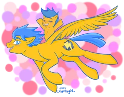 Size: 1024x799 | Tagged: safe, artist:dragonfoxgirl, derpibooru import, first base, flash sentry, pony, brothers, equestria's best brother, male, orange bros, papa flash, ponies riding ponies, riding, siblings