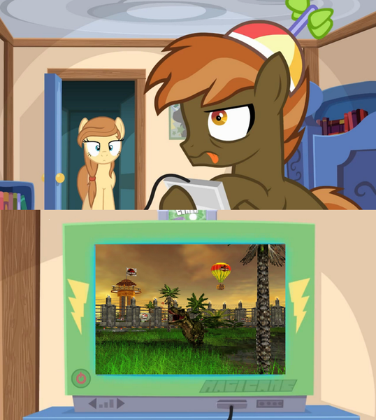 Size: 768x856 | Tagged: button mash, button's odd game, derpibooru import, dinosaur, exploitable meme, jurassic park, jurassic park operation genesis, meme, obligatory pony, oc, oc:cream heart, safe, tv meme, tyrannosaurus rex