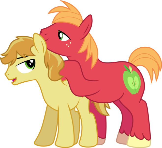 Size: 937x853 | Tagged: suggestive, artist:jeatz-axl, derpibooru import, big macintosh, braeburn, earth pony, pony, applecest, braemac, everypony's gay for braeburn, gay, incest, male, missing accessory, nuzzling, shipping, stallion