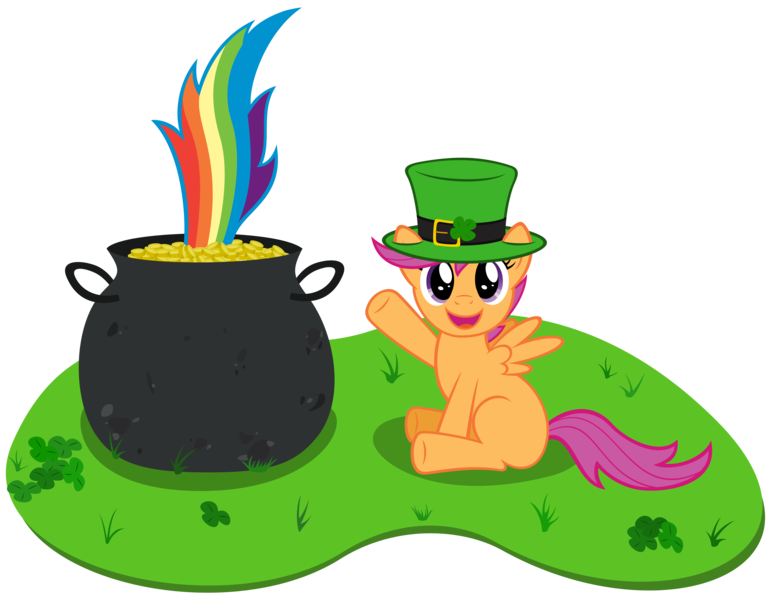 Size: 4500x3504 | Tagged: safe, artist:stabzor, derpibooru import, rainbow dash, scootaloo, pegasus, pony, clover, cute, cutealoo, female, filly, hat, holiday, mare, pot of gold, saint patrick's day, simple background, tail, transparent background, vector