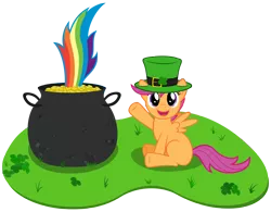 Size: 4500x3504 | Tagged: safe, artist:stabzor, derpibooru import, rainbow dash, scootaloo, pegasus, pony, clover, cute, cutealoo, female, filly, hat, holiday, mare, pot of gold, saint patrick's day, simple background, tail, transparent background, vector