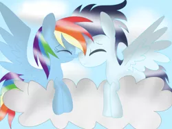 Size: 1024x768 | Tagged: safe, artist:digital-pony-artist, derpibooru import, rainbow dash, soarin', boop, cloud, female, happy, male, noseboop, nuzzling, shipping, smiling, soarindash, spread wings, straight, wings