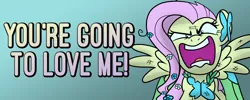 Size: 5254x2100 | Tagged: artist:drawponies, banner, cute, derpibooru import, flutterrage, fluttershy, insanity, looking at you, safe, solo, talking to viewer, yelling, you're going to love me