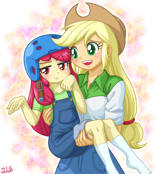 Size: 804x900 | Tagged: safe, artist:uotapo, derpibooru import, apple bloom, applejack, equestria girls, somepony to watch over me, apple bloom is not amused, applejack's hat, blushing, bridal carry, carrying, clothes, cowboy hat, cute, female, freckles, hat, helmet, missing shoes, open mouth, overalls, siblings, sisters, skirt, socks, unamused, uotapo is trying to murder us