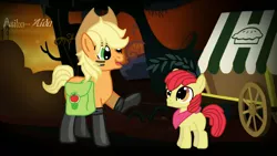 Size: 1366x768 | Tagged: apple bloom, applebuck, applejack, applejack (male), artist:asika-aida, boots, derpibooru import, fireproof boots, rule 63, safe, shoes, somepony to watch over me, wagon