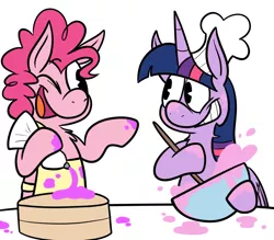 Size: 800x700 | Tagged: safe, artist:karpet-shark, derpibooru import, pinkie pie, twilight sparkle, twilight sparkle (alicorn), alicorn, pony, twily-daily, apron, baking, cake, chef's hat, clothes, female, food, hat, mare, messy