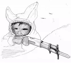 Size: 948x843 | Tagged: safe, artist:ravetuba, derpibooru import, ponified, pony, bayonet, clothes, gun, hoodie, iron sight, monochrome, mosin nagant, rifle, simo häyhä, sniper, snow, solo, traditional art, war, war camo, weapon, white death, winter war