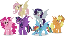 Size: 8173x4552 | Tagged: safe, artist:vector-brony, derpibooru import, applejack, fluttershy, pinkie pie, rainbow dash, rarity, twilight sparkle, twilight sparkle (alicorn), alicorn, bat pony, bat pony alicorn, pony, bats!, absurd resolution, alicornified, applebat, bat ponified, bat wings, female, flutterbat, hilarious in hindsight, horn, mane six, mare, pinkiebat, race swap, rainbowbat, raribat, raricorn, twibat, wings