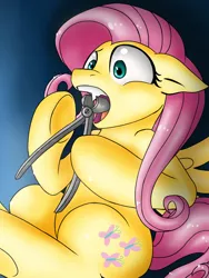 Size: 1024x1365 | Tagged: artist:nothingspecialx9, bats!, derpibooru import, fangs, floppy ears, fluttershy, pincers, semi-grimdark, snaggletooth, solo, this will end in pain, tooth, wolf's tooth