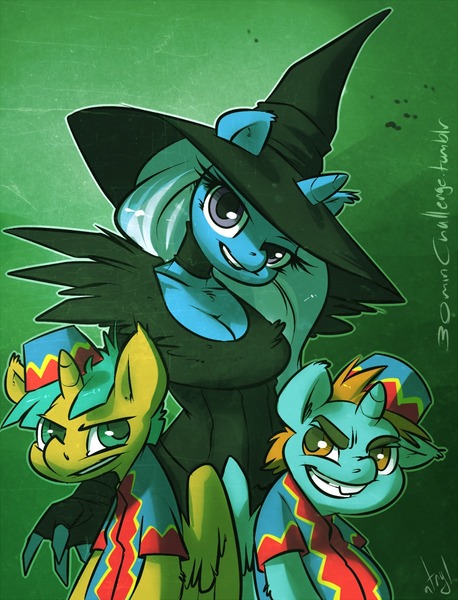 Size: 916x1200 | Tagged: safe, artist:atryl, derpibooru import, snails, snips, trixie, anthro, 30 minute art challenge, crossover, the wizard of oz, trixie's fans, wicked witch of the west