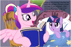 Size: 1024x683 | Tagged: safe, deleted from derpibooru, derpibooru import, princess cadance, twilight sparkle, alicorn, pony, unicorn, bedtime story, book, cadance's bedtime stories, duo, exploitable meme, food, jam, looking up, meme, yahtzee, younger