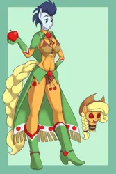 Size: 900x1350 | Tagged: anthro, apple, applejack, artist:kloudmutt, artist:krautalicornss, bodysuit, breasts, busty applejack, clothes, crossdressing, derpibooru import, dress, edit, female, food, gala dress, male, mask, masking, meme, ponyrumi, shipping, soarin', soarinjack, straight, suggestive, transgender