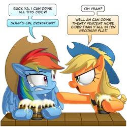 Size: 1000x1000 | Tagged: safe, artist:berrypawnch, derpibooru import, applejack, rainbow dash, earth pony, pegasus, pony, .mov, 10 seconds flat, 20% cooler, accent, applejack's hat, ashleigh ball, cider, cowboy hat, dialogue, female, hat, mare, personality swap, role reversal, that pony sure does love cider, voice actor joke, y'all