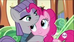 Size: 1920x1080 | Tagged: safe, derpibooru import, screencap, maud pie, pinkie pie, maud pie (episode), female, hub logo, hug, siblings, sisters