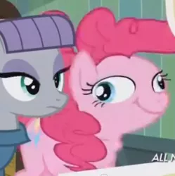 Size: 329x330 | Tagged: safe, derpibooru import, screencap, maud pie, pinkie pie, earth pony, pony, maud pie (episode), :t, derp, didney worl, faic, female, great moments in animation, mare, ponk, ponkie poy, smear frame, smiling, wat