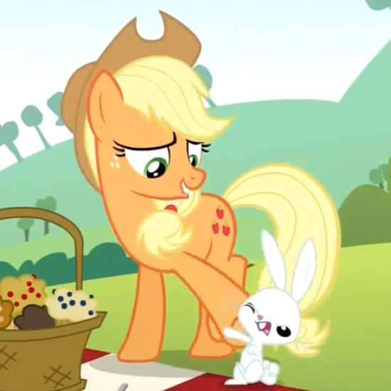 Size: 550x550 | Tagged: angel bunny, applejack, apple spice muffins, basket, derpibooru import, food, lip bite, maud pie (episode), muffin, safe, screencap