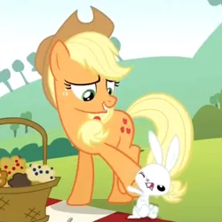 Size: 550x550 | Tagged: angel bunny, applejack, apple spice muffins, basket, derpibooru import, food, lip bite, maud pie (episode), muffin, safe, screencap