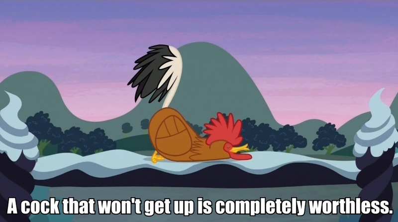 Size: 960x536 | Tagged: bird, caption, derpibooru import, double entendre, edit, edited screencap, erectile dysfunction, face down ass up, image macro, maud pie (episode), meme, pun, rooster, screencap, sleeping, solo, suggestive, text