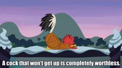 Size: 960x536 | Tagged: bird, caption, derpibooru import, double entendre, edit, edited screencap, erectile dysfunction, face down ass up, image macro, maud pie (episode), meme, pun, rooster, screencap, sleeping, solo, suggestive, text