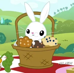 Size: 800x790 | Tagged: angel bunny, apple spice muffins, aweeg*, basket, derpibooru import, eating, food, maud pie (episode), muffin, puffy cheeks, safe, screencap, solo