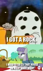 Size: 641x1051 | Tagged: caption, charlie brown, clothes, costume, derpibooru import, edit, edited screencap, halloween, holiday, i got a rock, image macro, it's the great pumpkin charlie brown!, maud pie, maud pie (episode), meme, nightmare night, peanuts, safe, screencap, solo, text