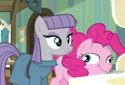 Size: 599x404 | Tagged: safe, derpibooru import, screencap, maud pie, pinkie pie, earth pony, pony, maud pie (episode), :t, derp, female, great moments in animation, mare, ponk, smear frame, smiling, wat