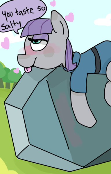 Size: 504x792 | Tagged: suggestive, artist:meowing-ghost, derpibooru import, maud pie, tom, maud pie (episode), :p, bedroom eyes, blushing, cargo ship, dialogue, female, heart, innuendo, licking, on top, prone, rock, rockcon, shipping, smiling, solo, that pony sure does love rocks, tomaud, tongue out